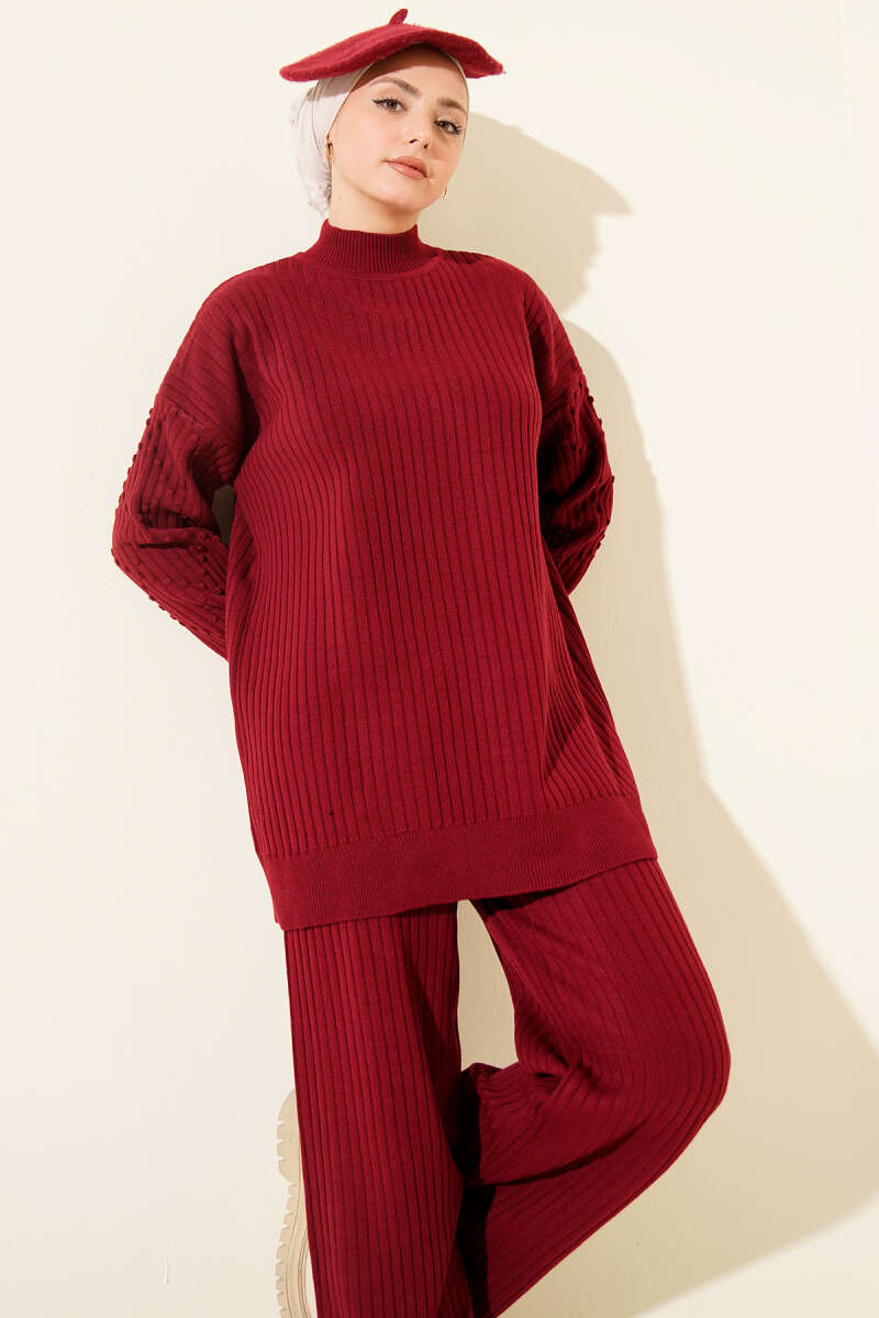 Turtleneck Ribbed Knit Two-Piece Set - Burgundy