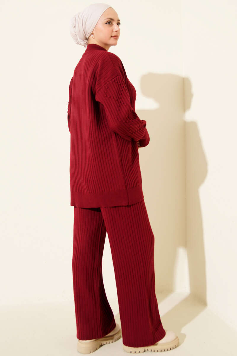 Turtleneck Ribbed Knit Two-Piece Set - Burgundy