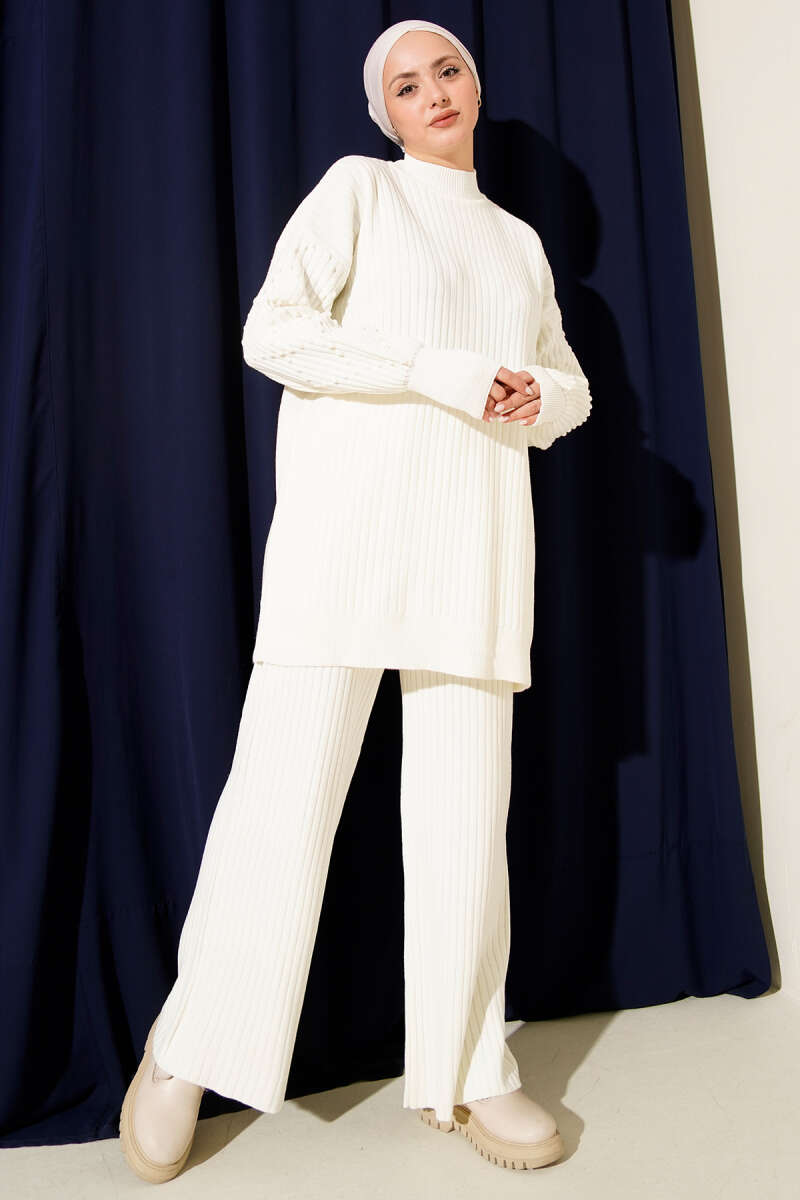 Turtleneck Ribbed Knit Two-Piece Set - Ecru
