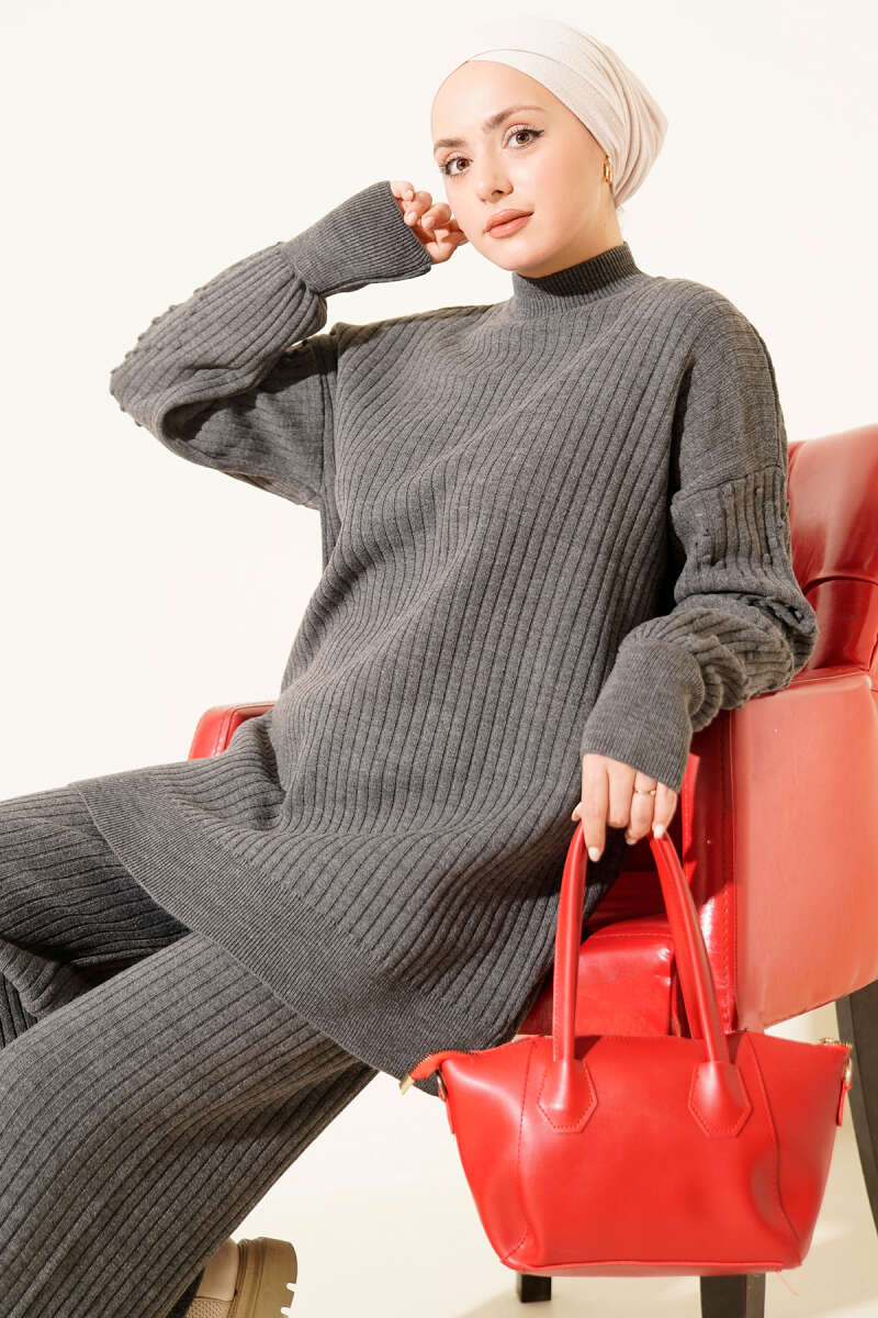 Turtleneck Ribbed Knit Two-Piece Set - Smoke Grey