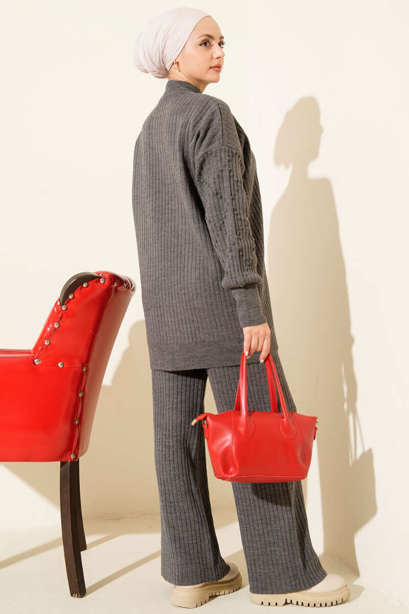 Turtleneck Ribbed Knit Two-Piece Set - Smoke Grey