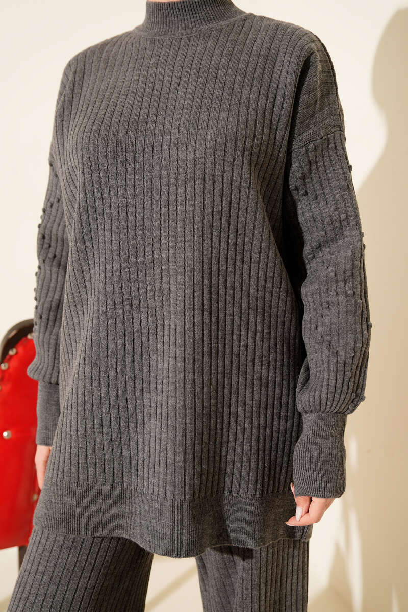 Turtleneck Ribbed Knit Two-Piece Set - Smoke Grey