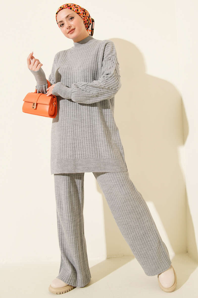 Turtleneck Ribbed Knit Two-Piece Set - Grey