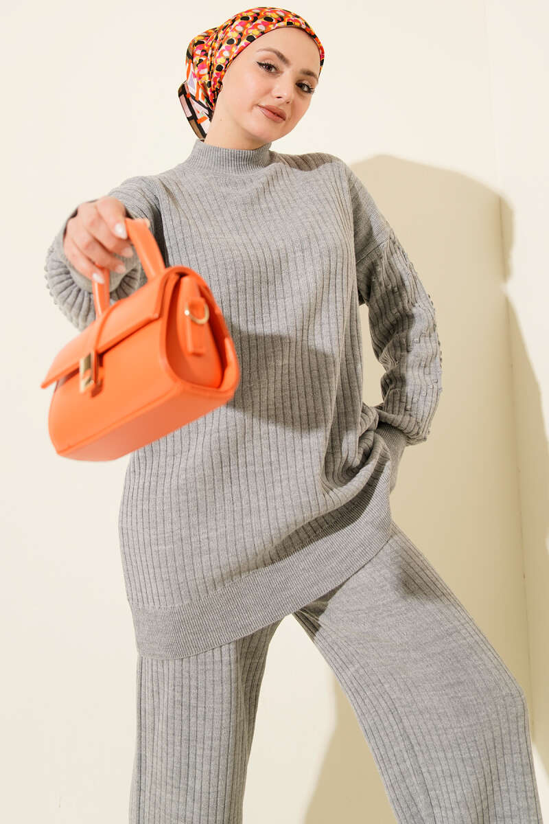 Turtleneck Ribbed Knit Two-Piece Set - Grey