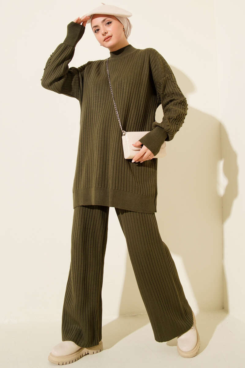 Turtleneck Ribbed Knit Two-Piece Set - Khaki