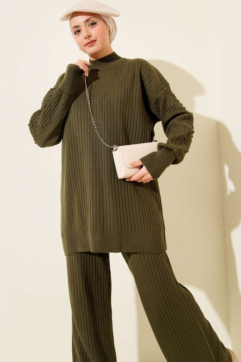 Turtleneck Ribbed Knit Two-Piece Set - Khaki