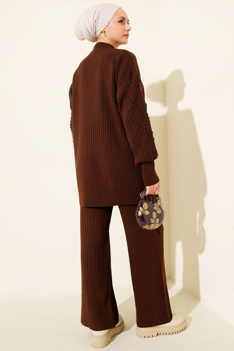 Turtleneck Ribbed Knit Two-Piece Set - Brown