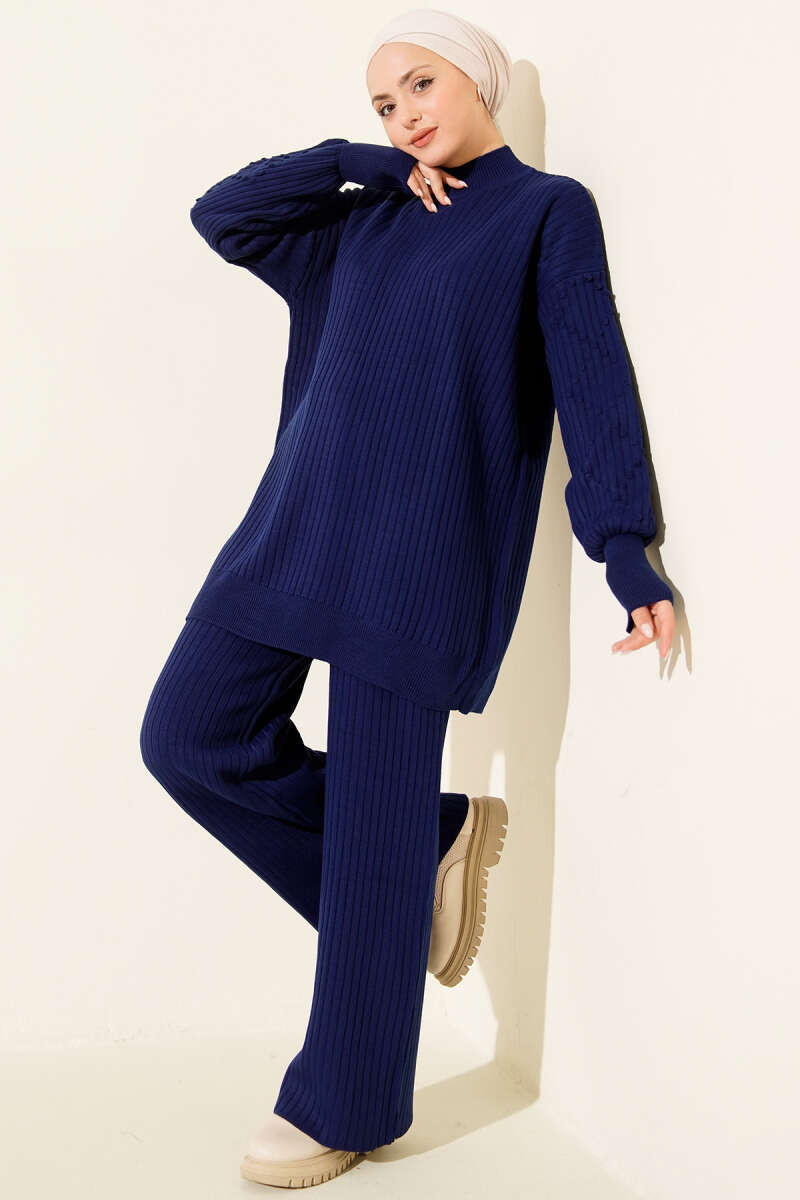 Turtleneck Ribbed Knit Two-Piece Set - Navy