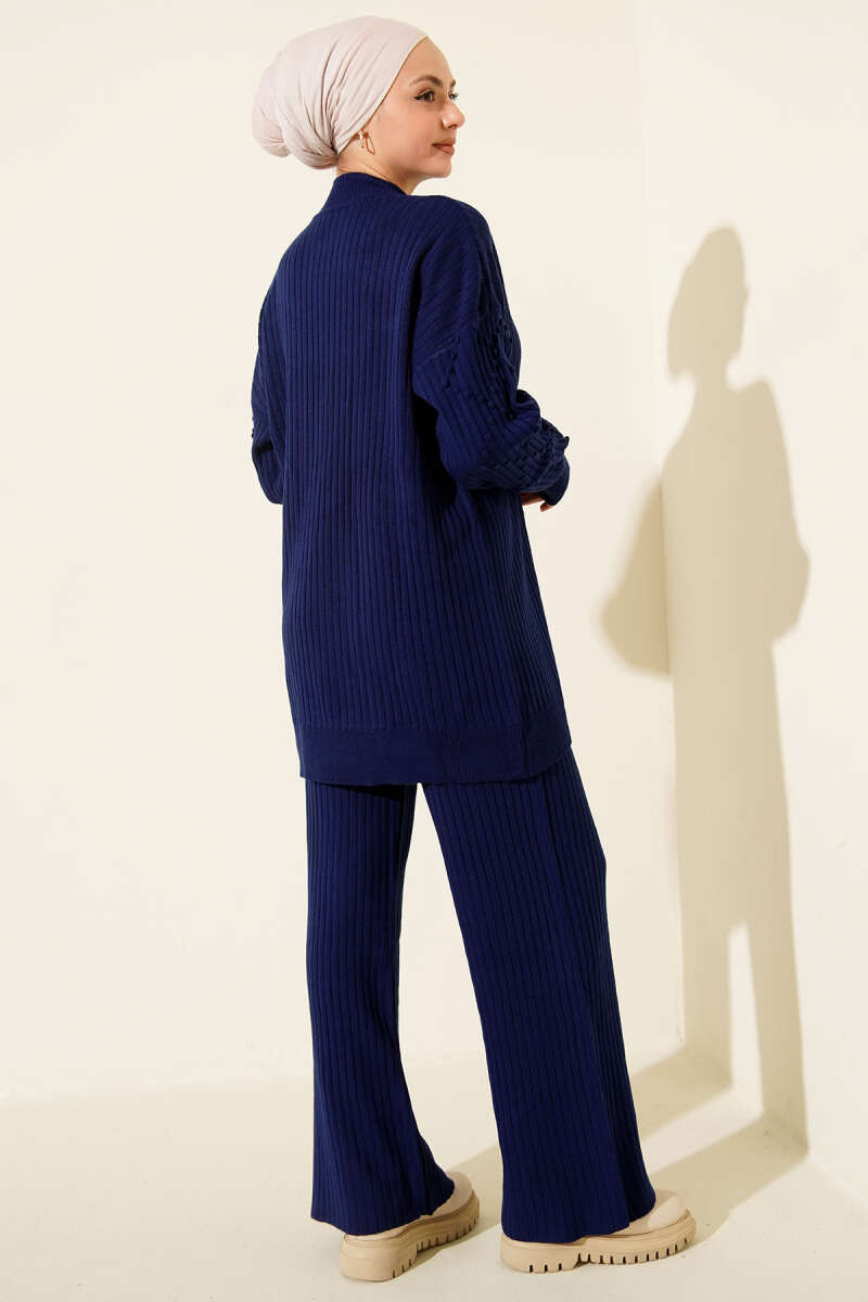 Turtleneck Ribbed Knit Two-Piece Set - Navy