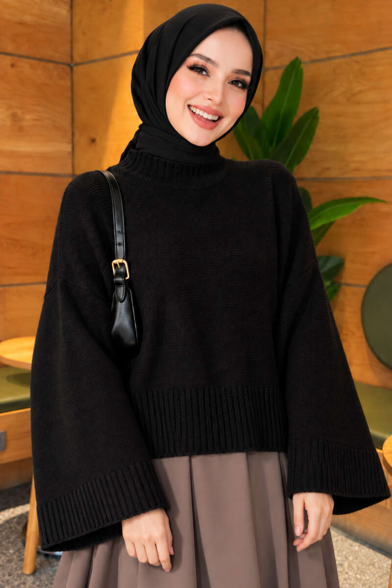Wide-Sleeve Turtleneck Sweater - Black