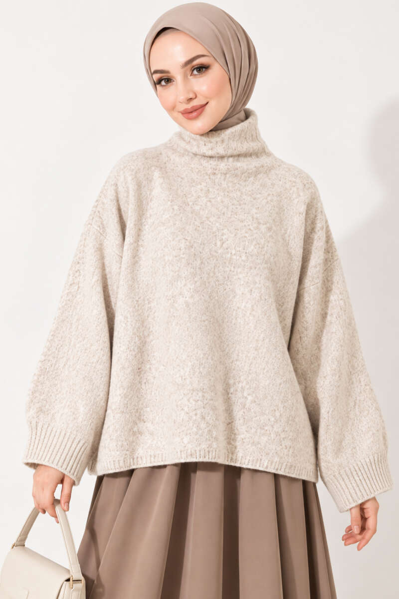Oversized Turtleneck Knit Sweater - Beige