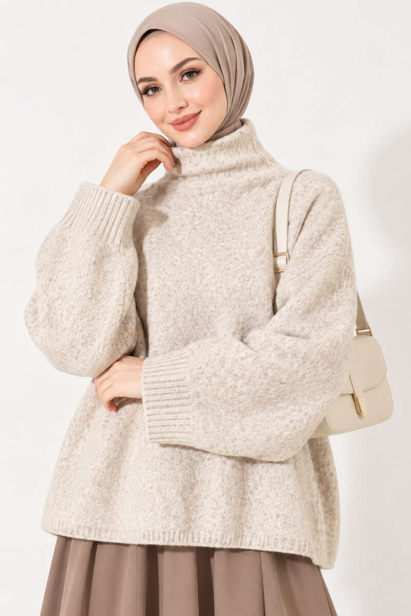 Oversized Turtleneck Knit Sweater - Beige