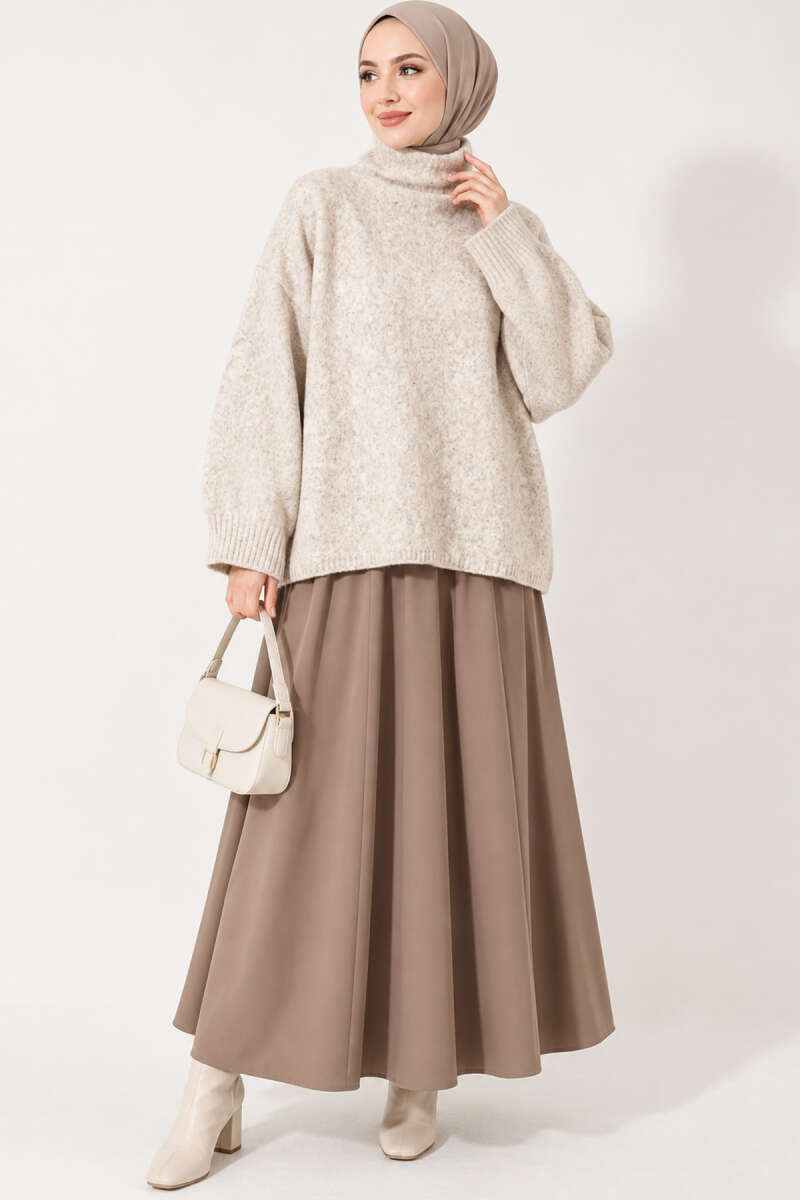 Oversized Turtleneck Knit Sweater - Beige