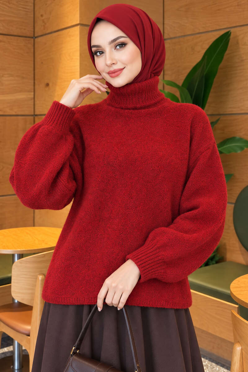 Oversized Turtleneck Knit Sweater - Burgundy