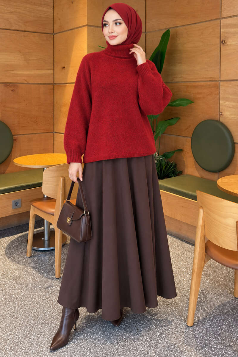 Oversized Turtleneck Knit Sweater - Burgundy