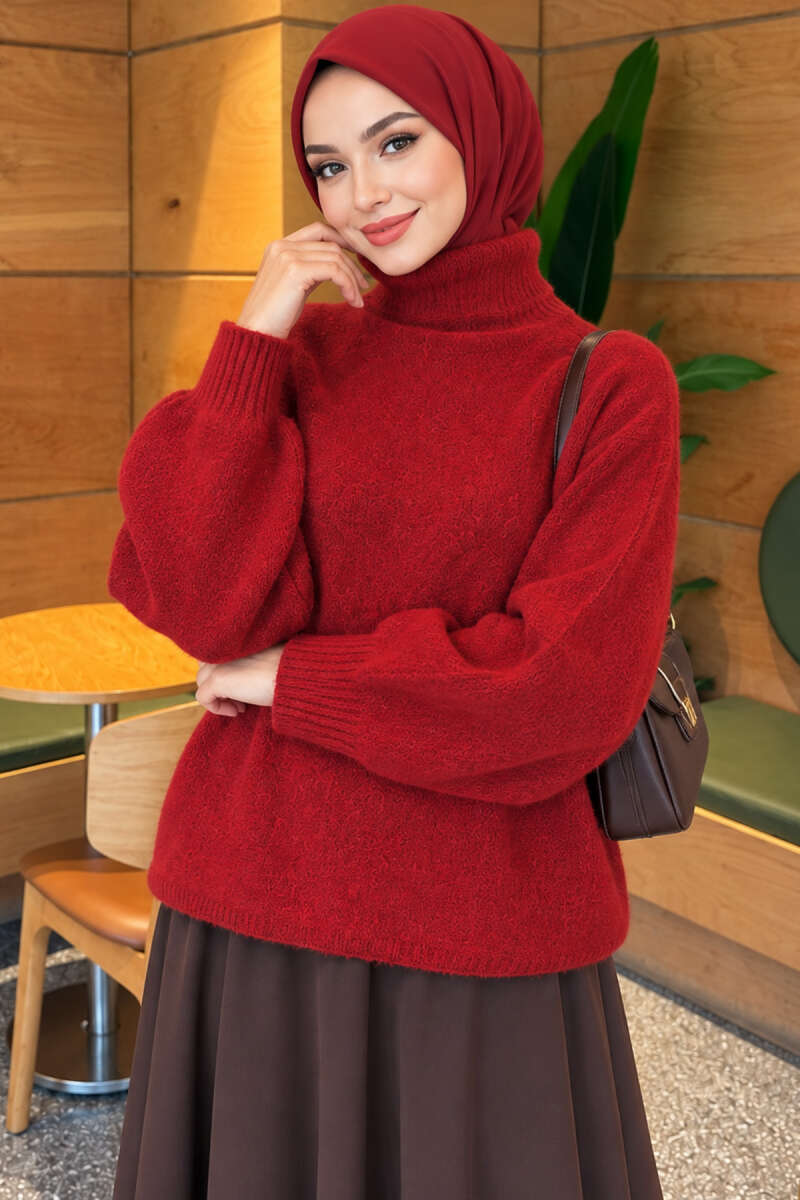 Oversized Turtleneck Knit Sweater - Burgundy