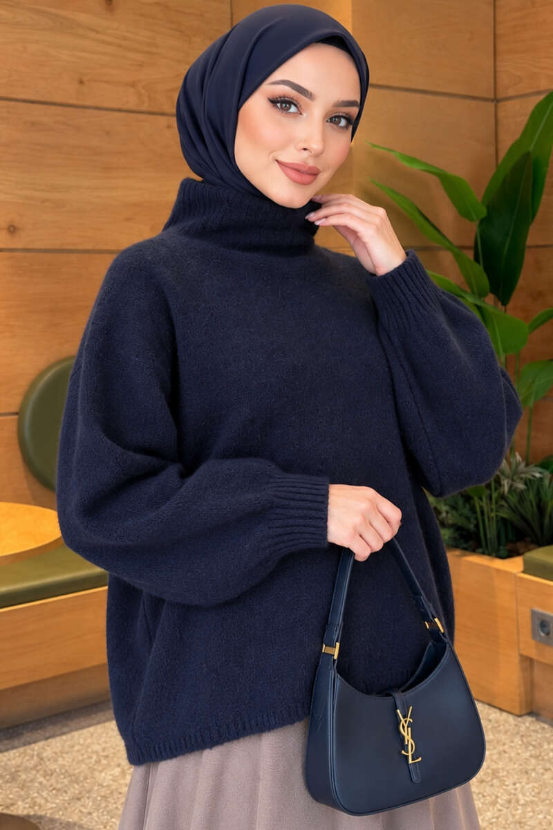 Oversized Turtleneck Knit Sweater - Navy