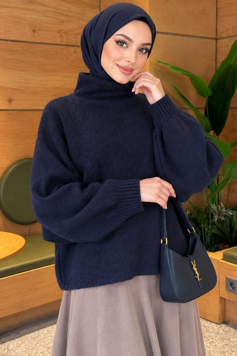 Oversized Turtleneck Knit Sweater - Navy