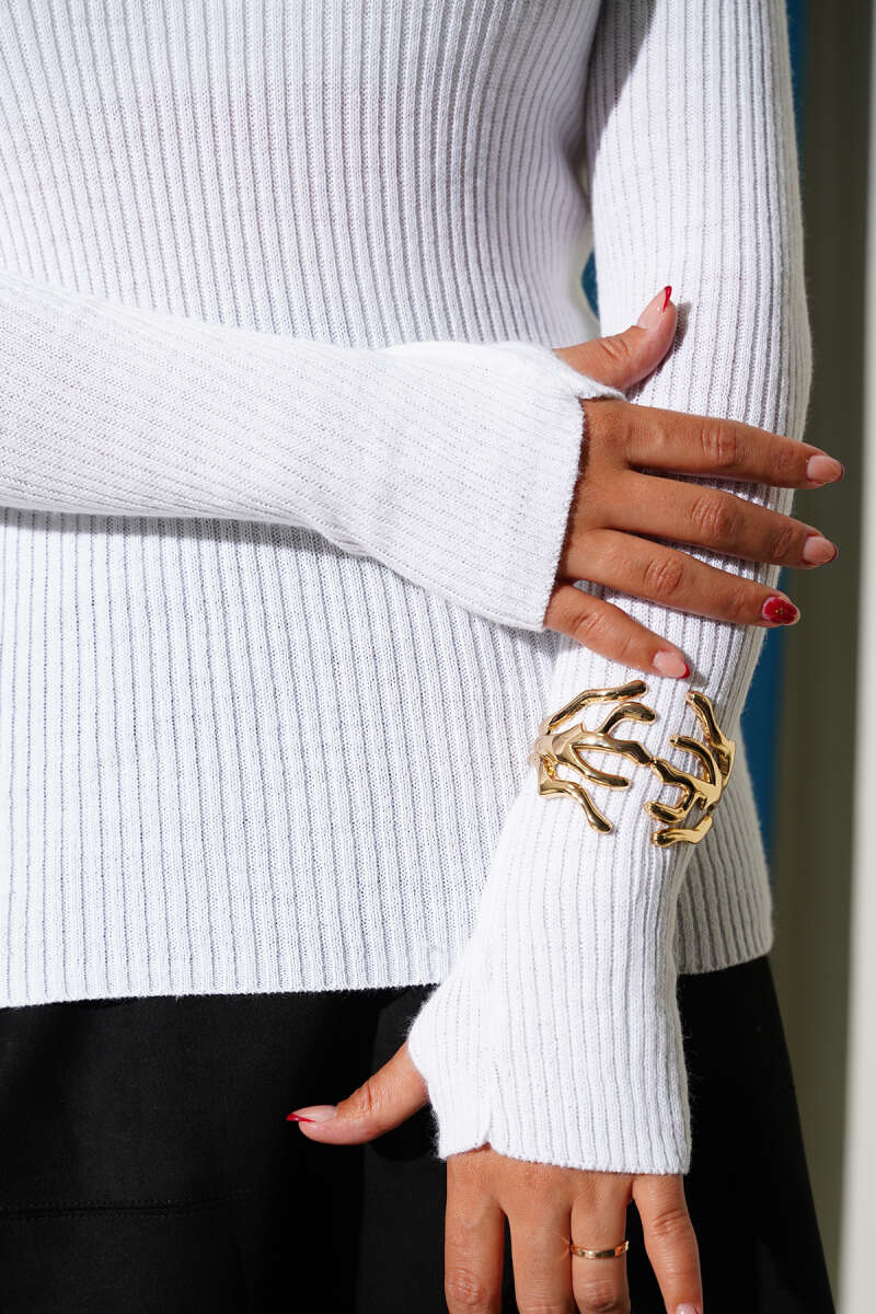 Turtleneck Knit Sweater with Thumbholes - Ecru
