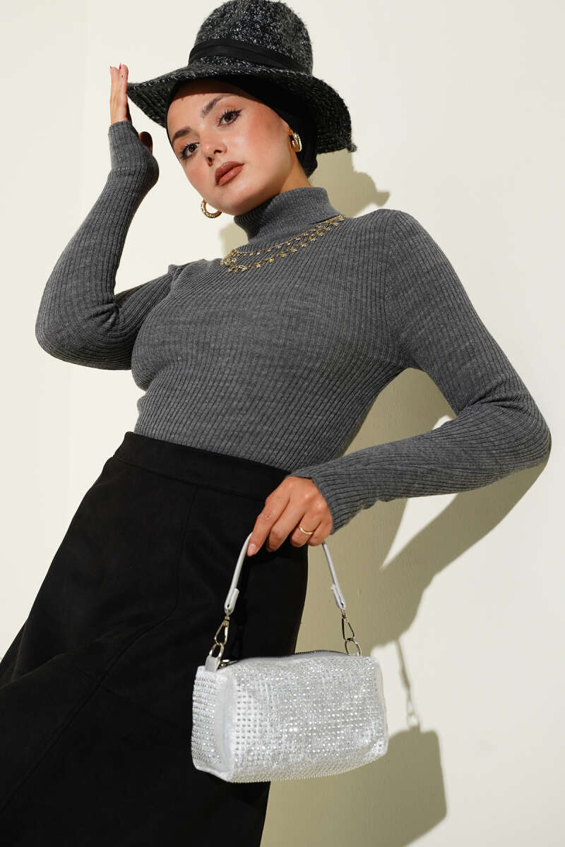 Turtleneck Knit Sweater with Thumbholes - Smoke Grey