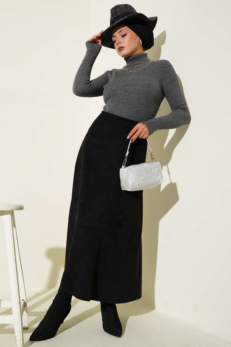 Turtleneck Knit Sweater with Thumbholes - Smoke Grey