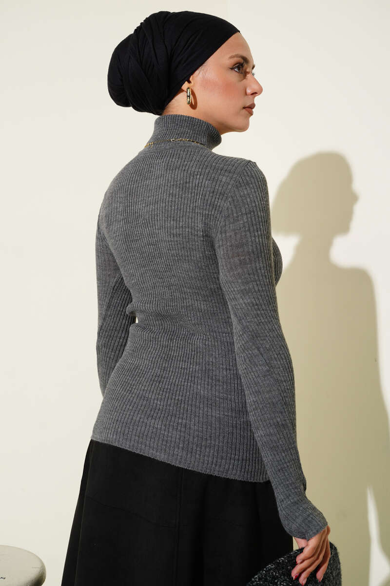 Turtleneck Knit Sweater with Thumbholes - Smoke Grey