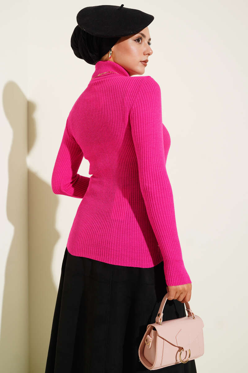 Turtleneck Knit Sweater with Thumbholes - Fuchsia