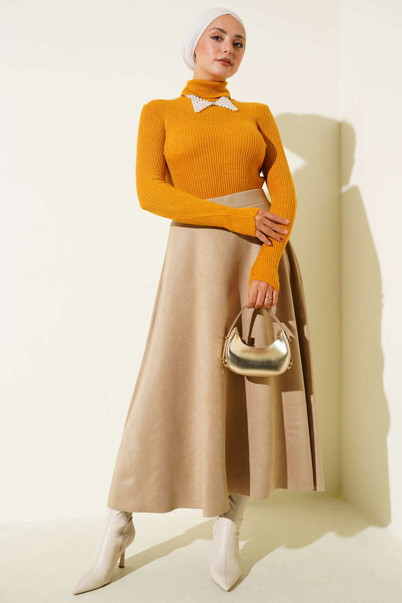 Turtleneck Knit Sweater with Thumbholes - Mustard