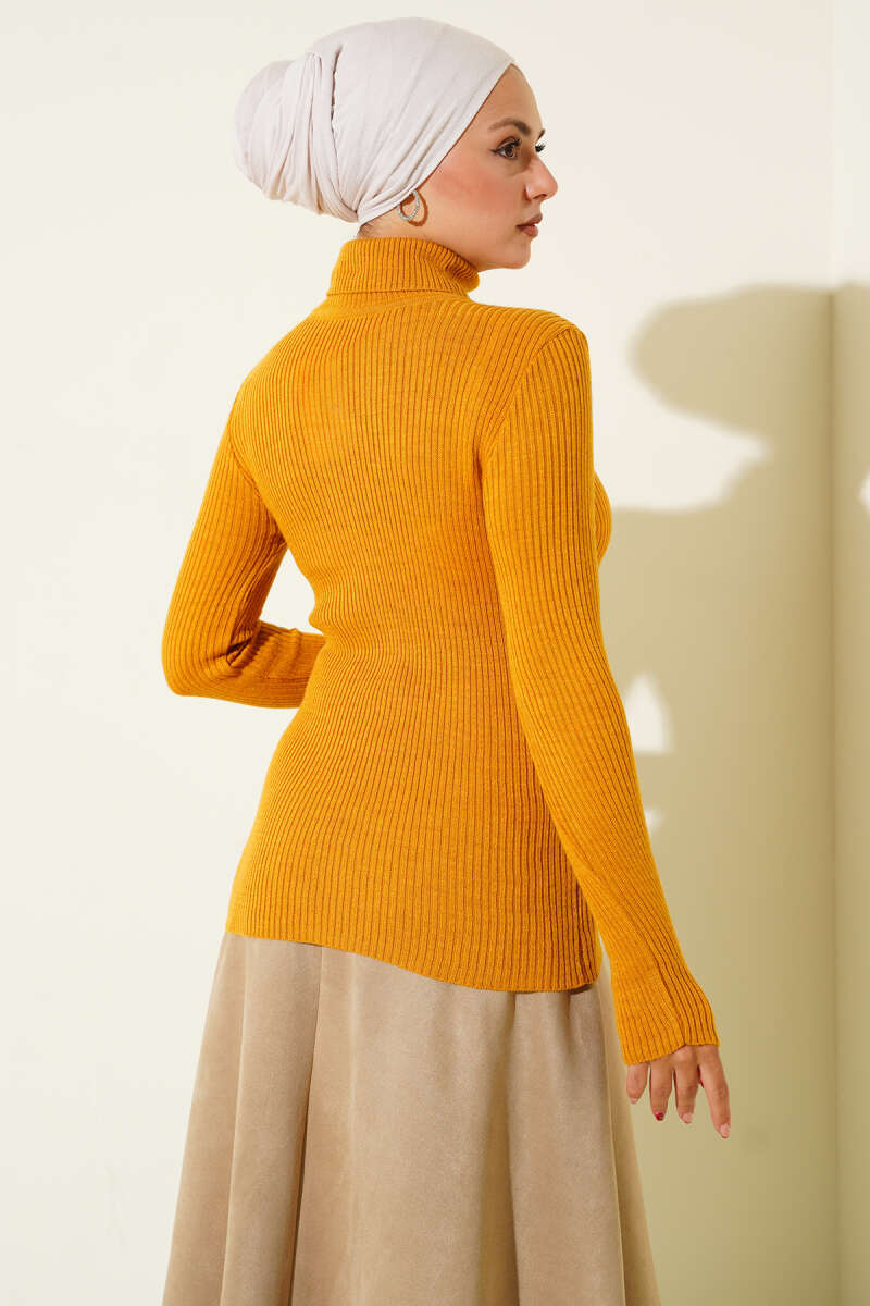 Turtleneck Knit Sweater with Thumbholes - Mustard