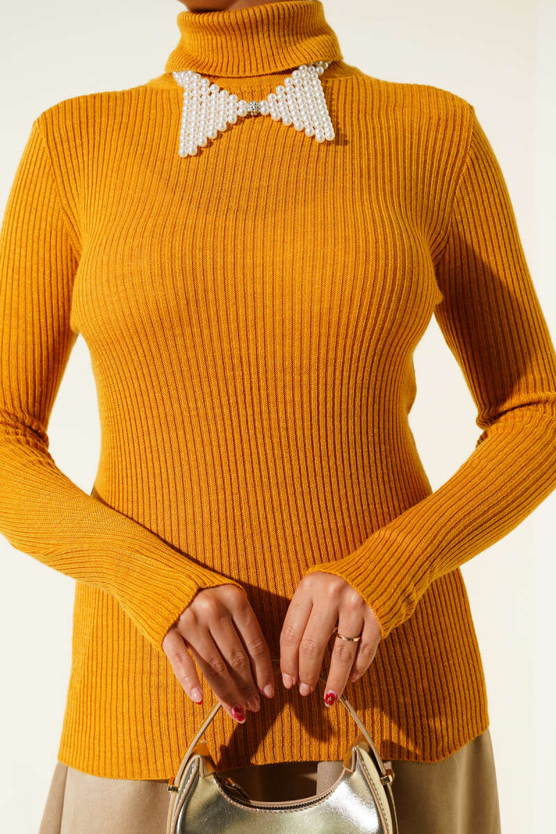 Turtleneck Knit Sweater with Thumbholes - Mustard