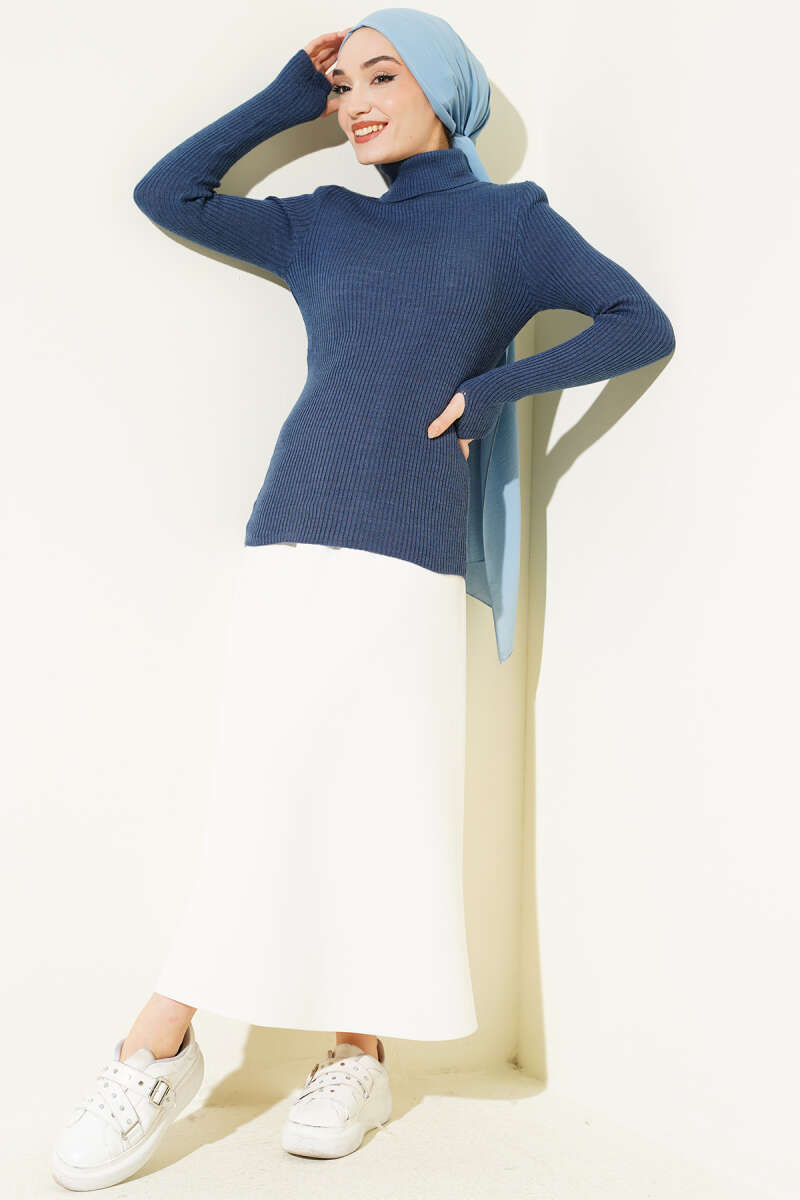 Turtleneck Knit Sweater with Thumbholes - Indigo