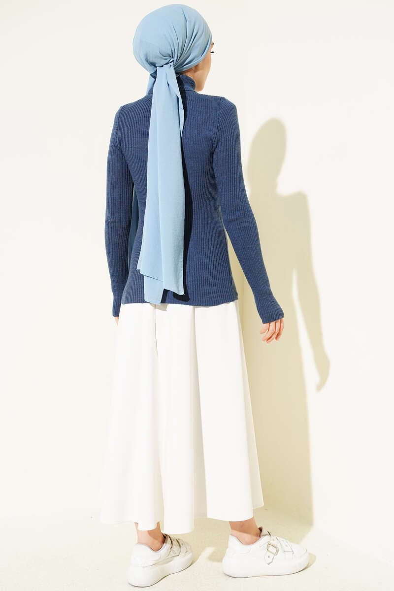 Turtleneck Knit Sweater with Thumbholes - Indigo
