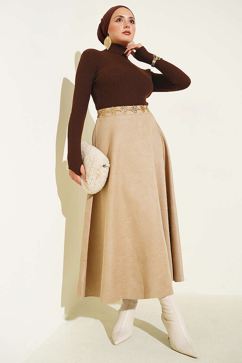 Turtleneck Knit Sweater with Thumbholes - Brown