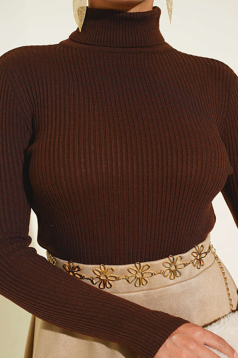 Turtleneck Knit Sweater with Thumbholes - Brown