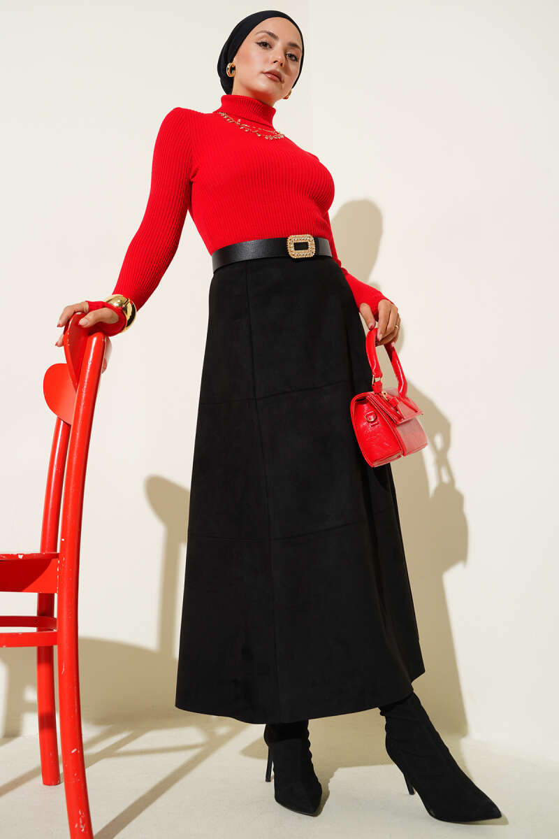 Turtleneck Knit Sweater with Thumbholes - Red