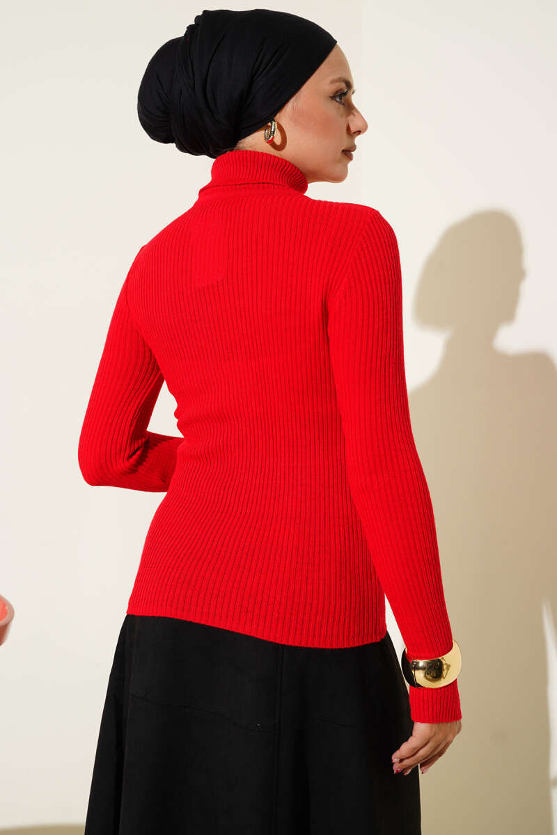 Turtleneck Knit Sweater with Thumbholes - Red