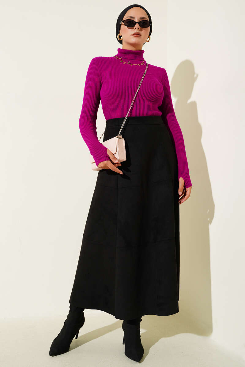 Turtleneck Knit Sweater with Thumbholes - Purple