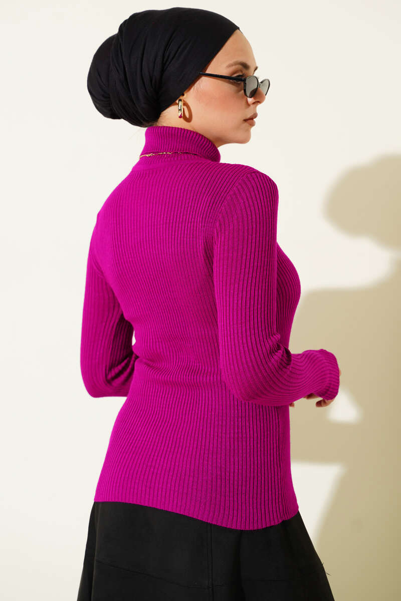 Turtleneck Knit Sweater with Thumbholes - Purple