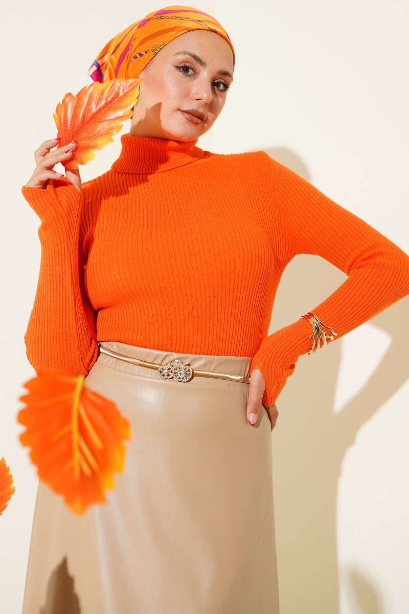 Turtleneck Knit Sweater with Thumbholes - Orange