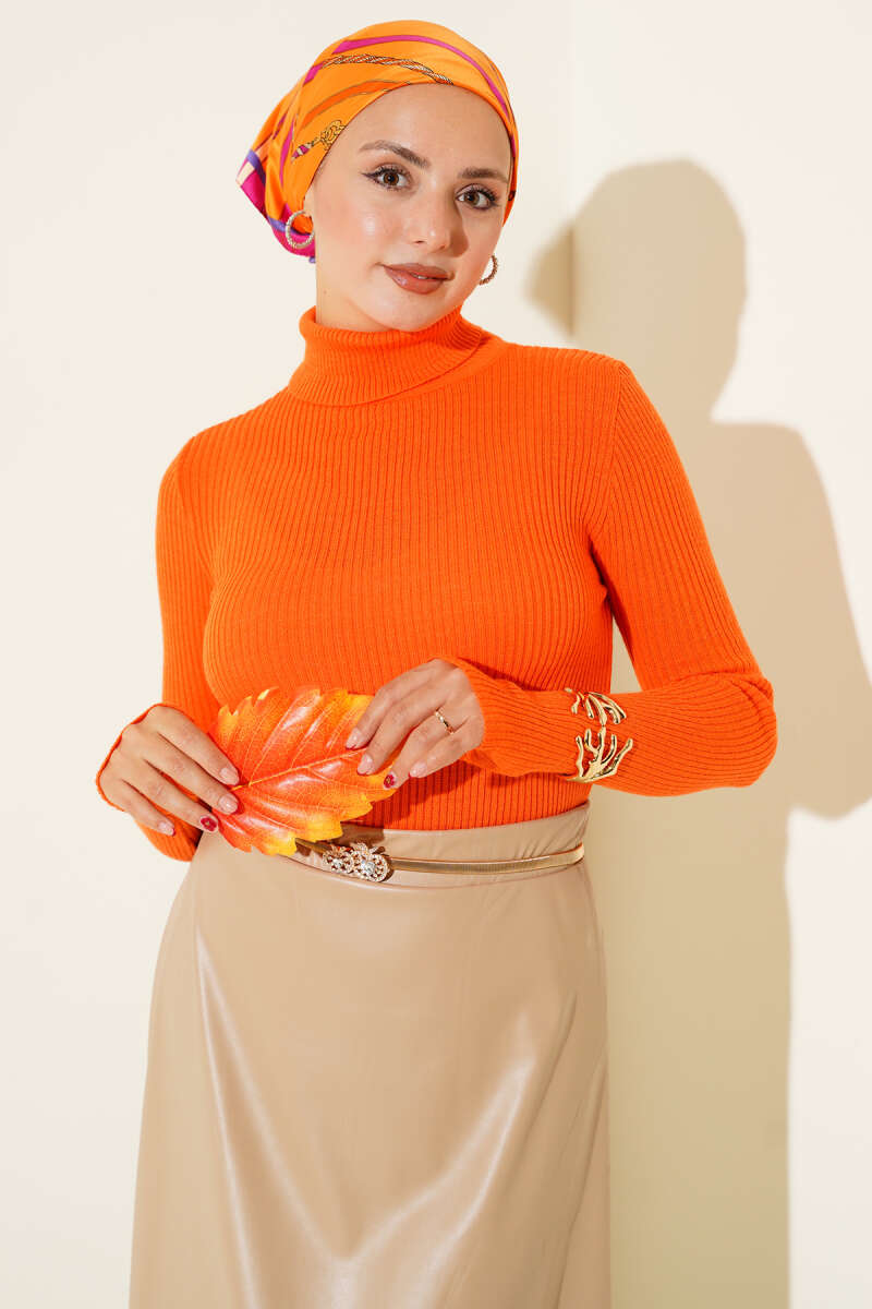 Turtleneck Knit Sweater with Thumbholes - Orange