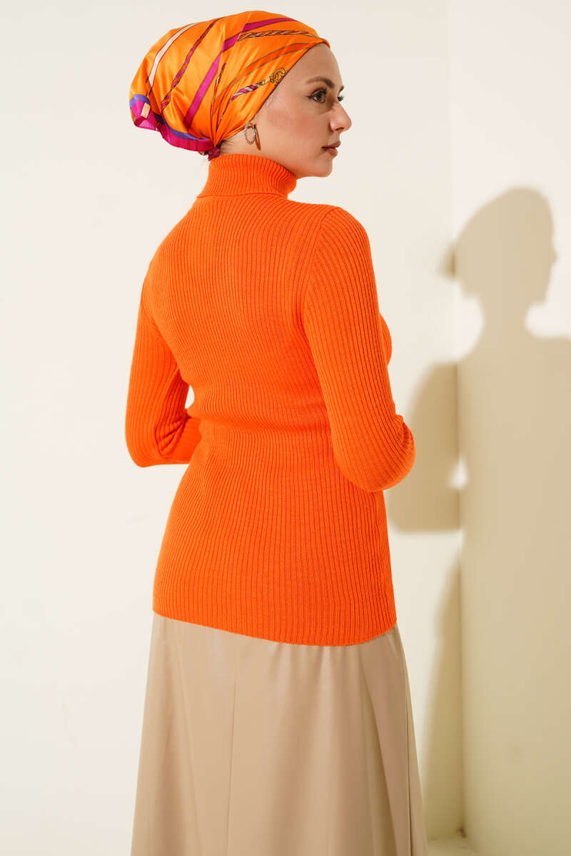 Turtleneck Knit Sweater with Thumbholes - Orange