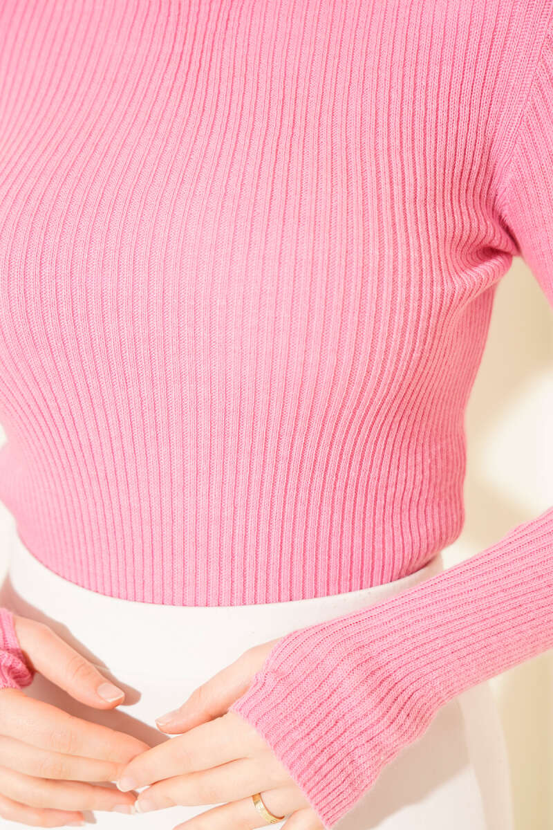 Turtleneck Knit Sweater with Thumbholes - Pink