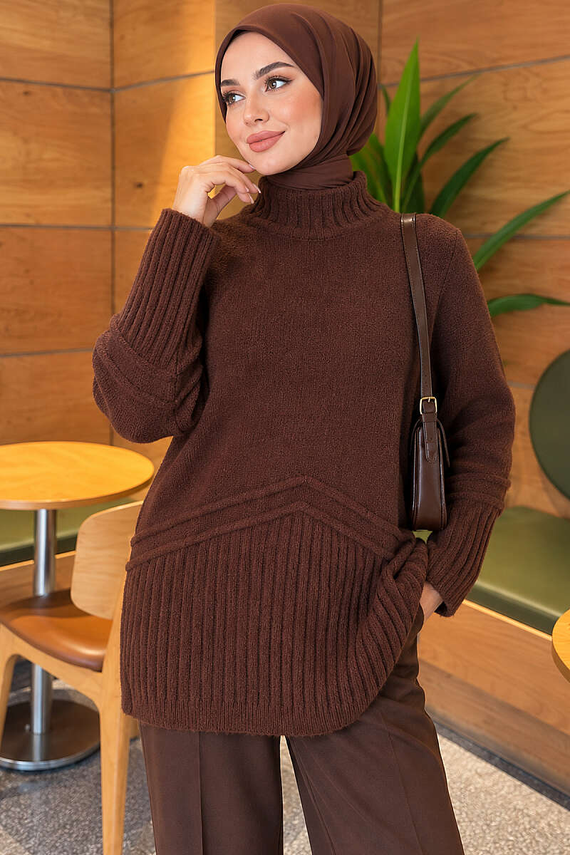 Brushed Turtleneck Knit Tunic - Brown