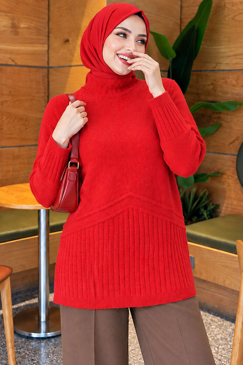 Brushed Turtleneck Knit Tunic - Red