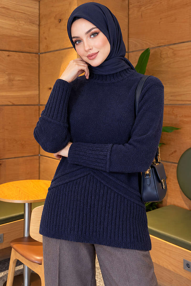 Brushed Turtleneck Knit Tunic - Navy