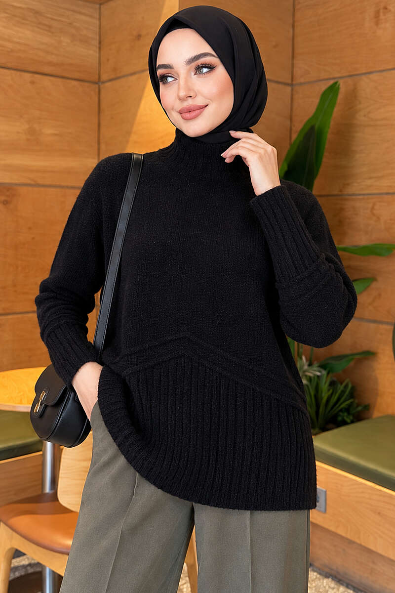 Brushed Turtleneck Knit Tunic - Black