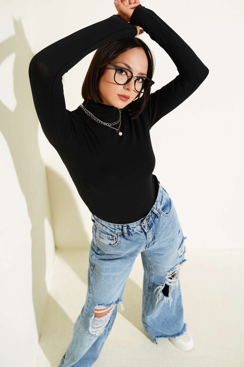 Turtleneck Long-Sleeve Bodysuit - Black