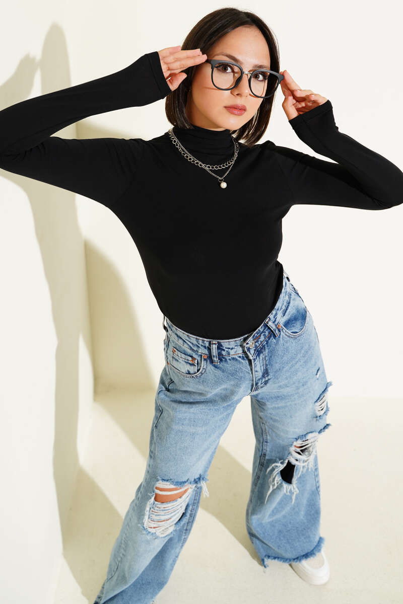 Turtleneck Long-Sleeve Bodysuit - Black