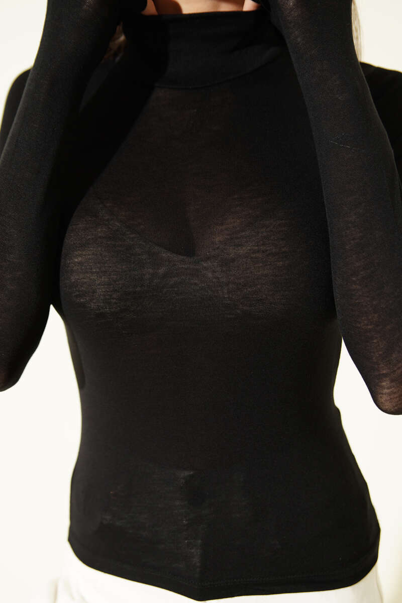 Plain Turtleneck Long-Sleeve Bodysuit - Black