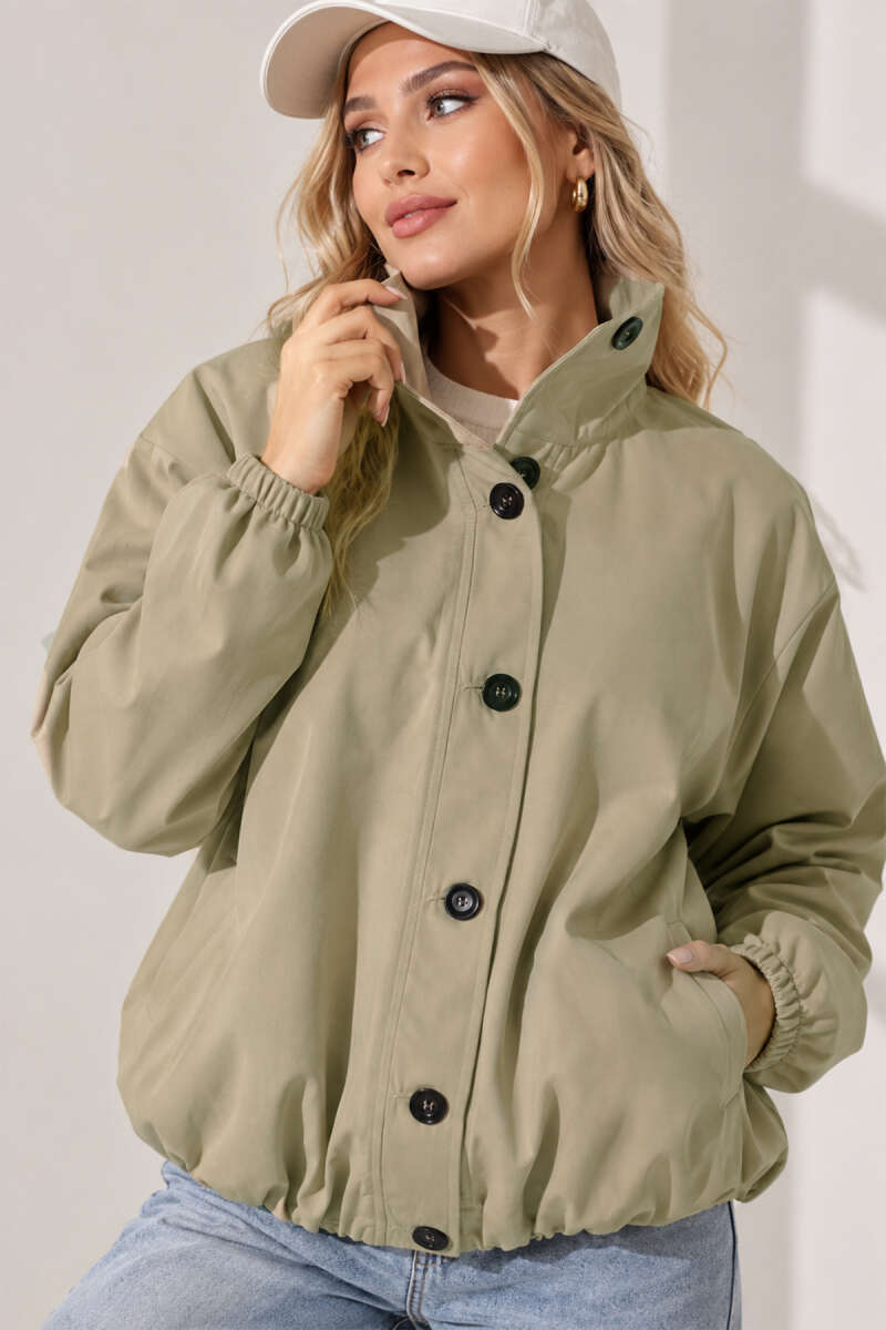 Balloon-Sleeve Trench Coat with Elastic Waist - Almond Green